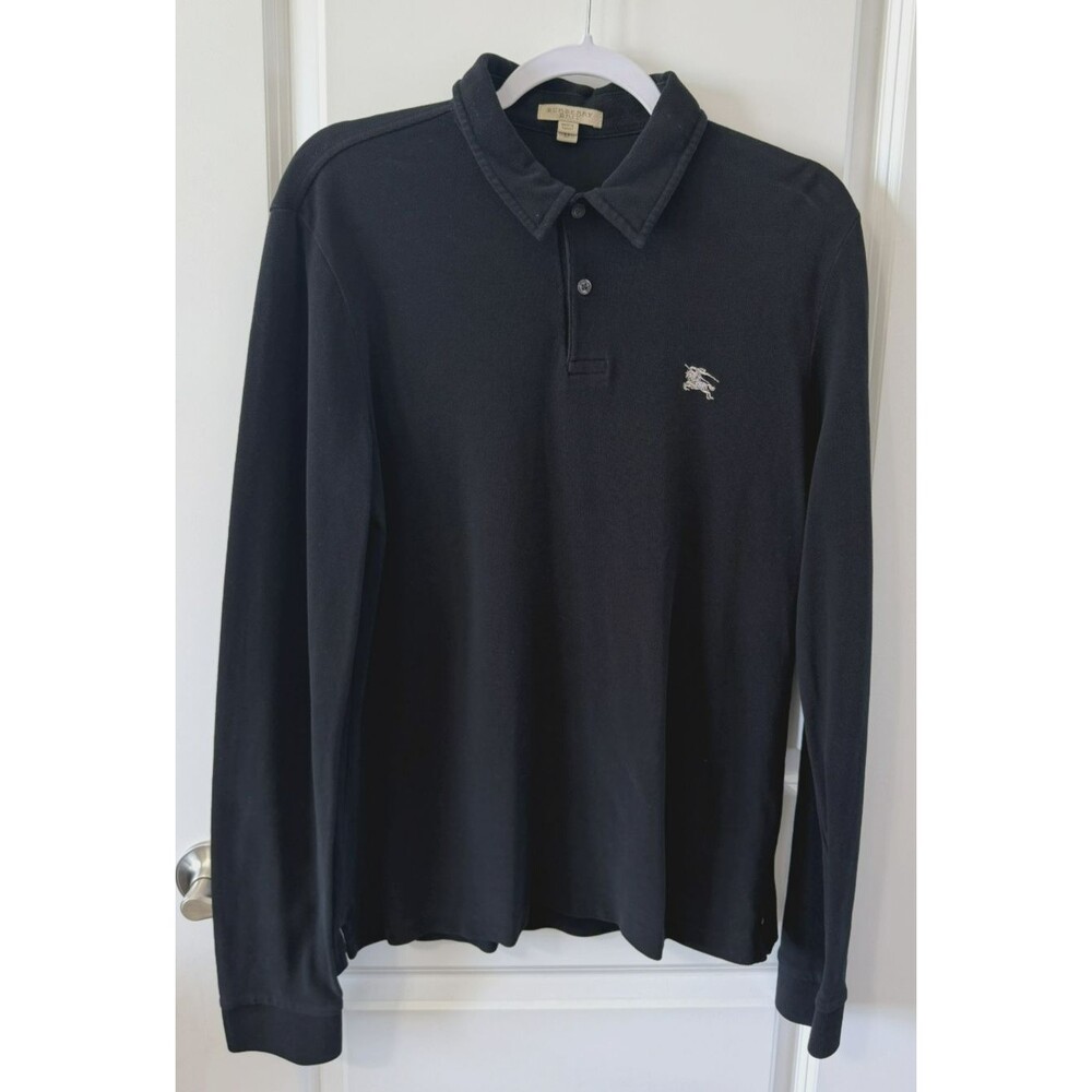 Burberry Brit Nova Check Collar Stretch Cotton Polo Top Long Sleeve Black M